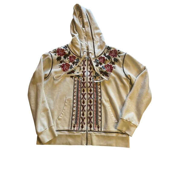 Driftwood off White Floral Embroidered Teddy Hooded Jacket Full Zip Hoodie M - Picture 1 of 13